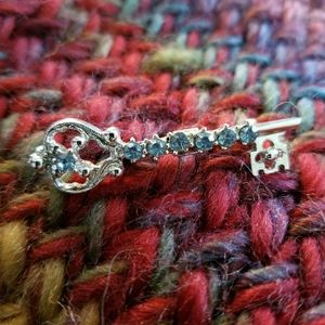 Vintage key pin with sky blue rhinestones silver brooch